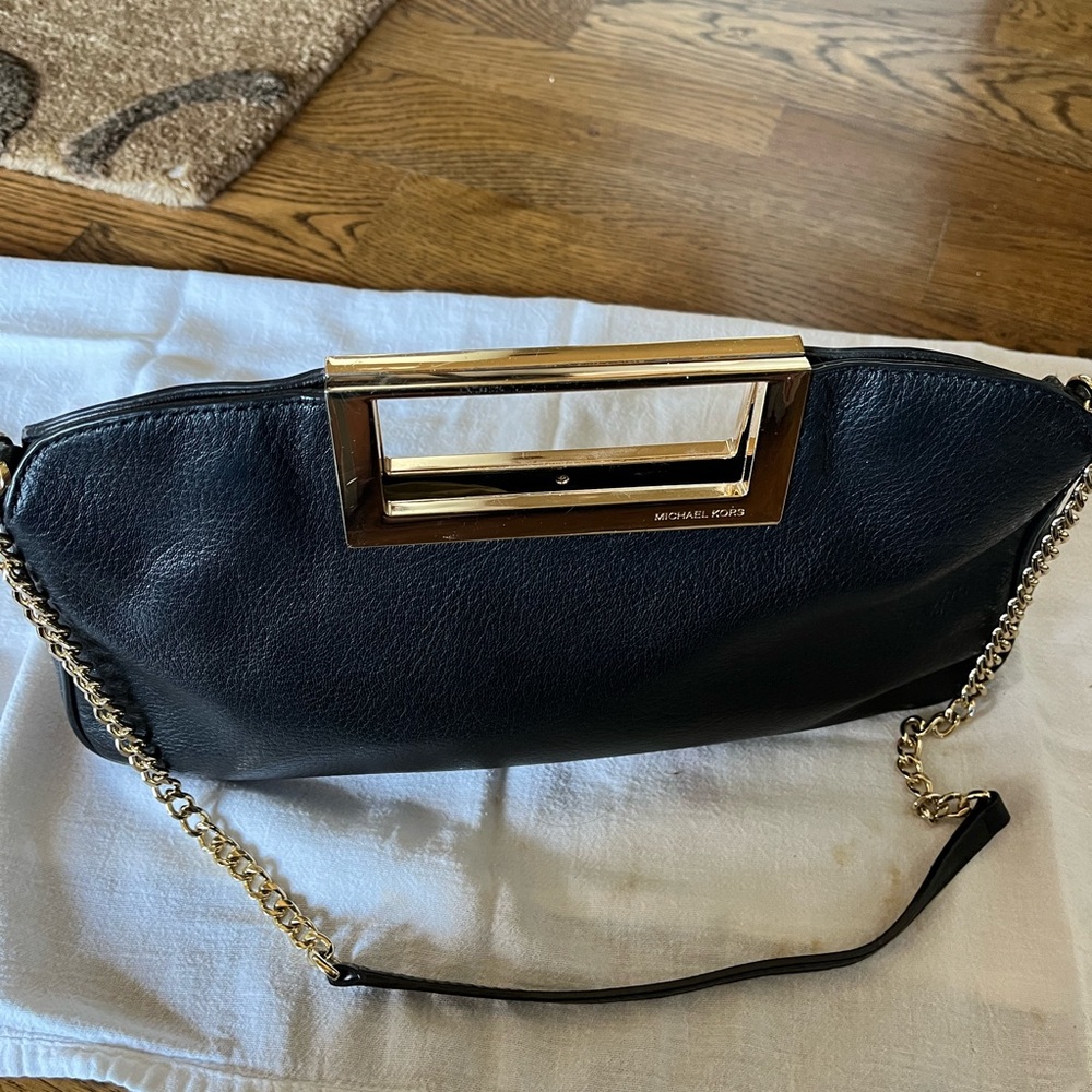 Michael Kors black leather handbag with gold handle & leather/gold chain strap